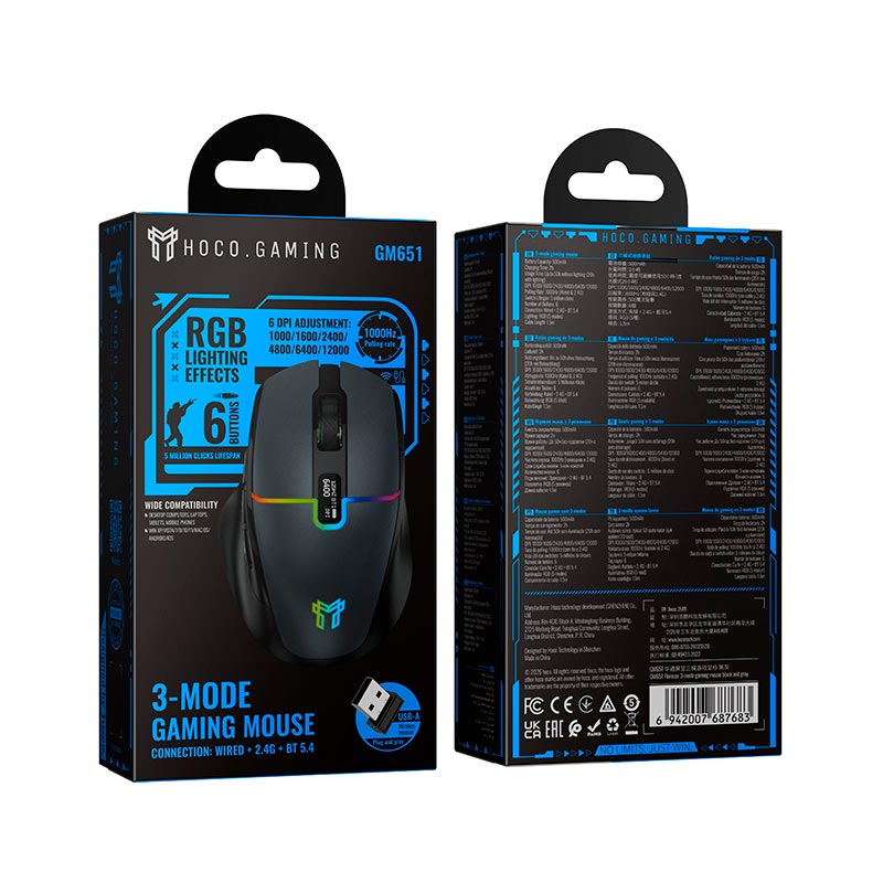Мышь HOCO Florecer 3-mode gaming mouse GM651 |BT5.4/2.4G/wired, 12000DPI, 500mAh, 20-50h, RGB| black-grey (6942007687683) Черный на картинке №3