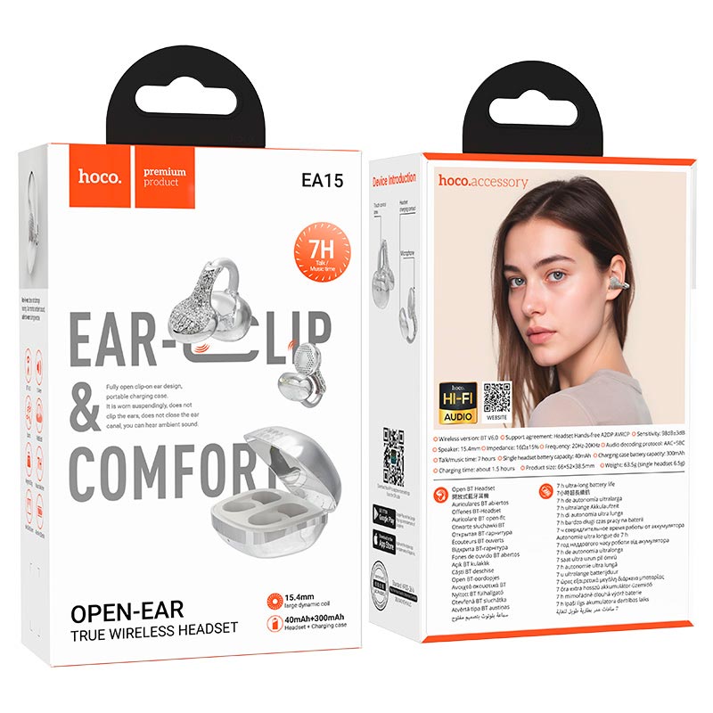 Навушники HOCO Triumph clip-on true wireless headset EA15 |BT6.0, 7h, 40/300mAh, App| silver (6942007683784) Сріблястий на малюнкі №3