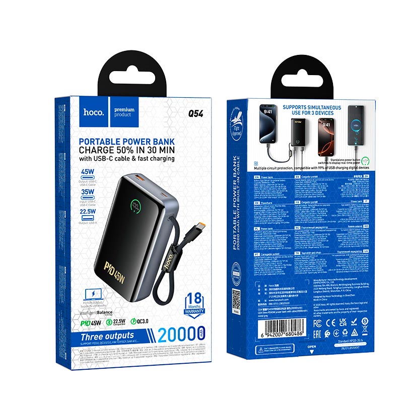 УМБ HOCO Shine power bank with cable Q54 20000mAh |1C/1A, 45W/3A, PD/QC| grey (69422007680486) Серый на картинке №3