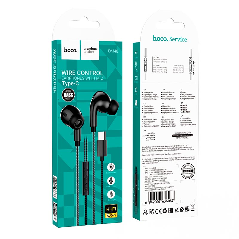 Наушники HOCO Rock digital wire control earphones with microphone Type-C DM48 |1.2m, mic| black (6942007636087) Черный на картинке №3