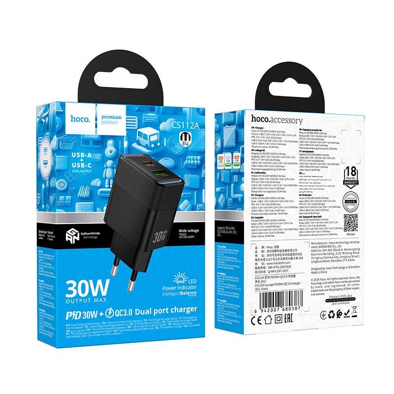 Адаптер мережевий HOCO Lounge charger CS112A |1A/1C, 30W/3A, PD/QC| black (6942007680387) Чорний на малюнкі №3