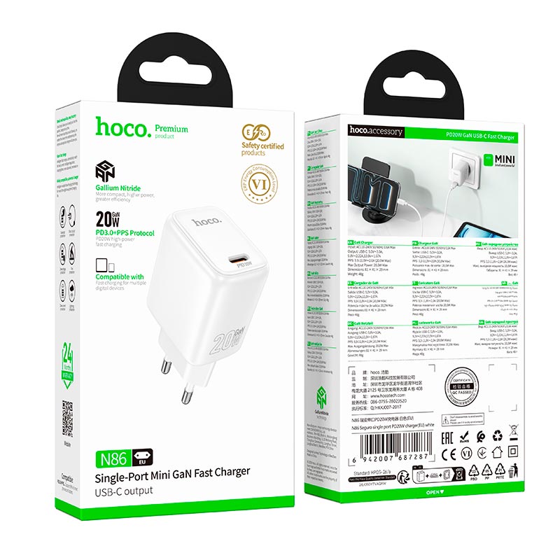 Адаптер сетевой HOCO Seguro single port charger N86 |1Type-C, PD20W/QC, 3A| white (6942007687287) Белый на картинке №3