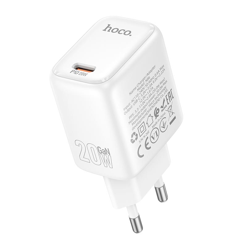Адаптер сетевой HOCO Seguro single port charger N86 |1Type-C, PD20W/QC, 3A| white (6942007687287) Белый на картинке №6