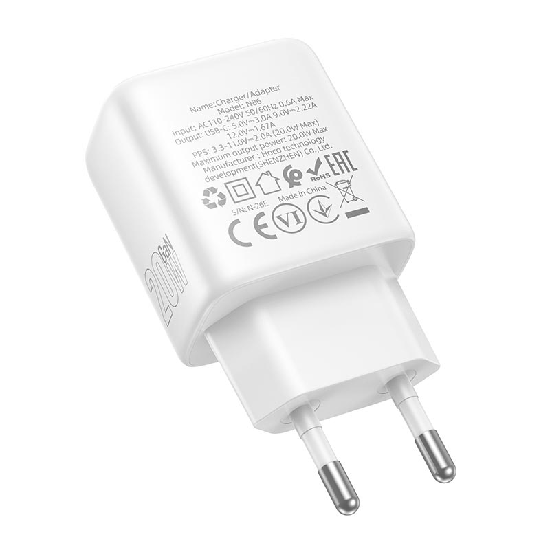 Адаптер сетевой HOCO Seguro single port charger N86 |1Type-C, PD20W/QC, 3A| white (6942007687287) Белый на картинке №7