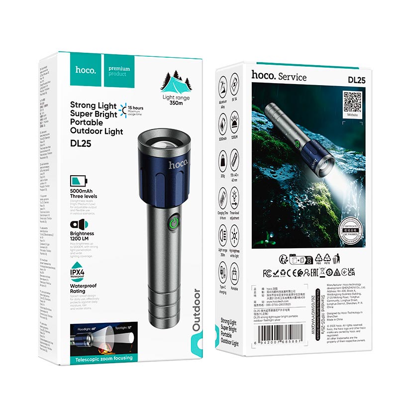 Фонарик HOCO strong light super bright portable outdoor flashlight DL25 |1200LM, IPX4, Type-C| silver (85887) Серебристый на картинке №3