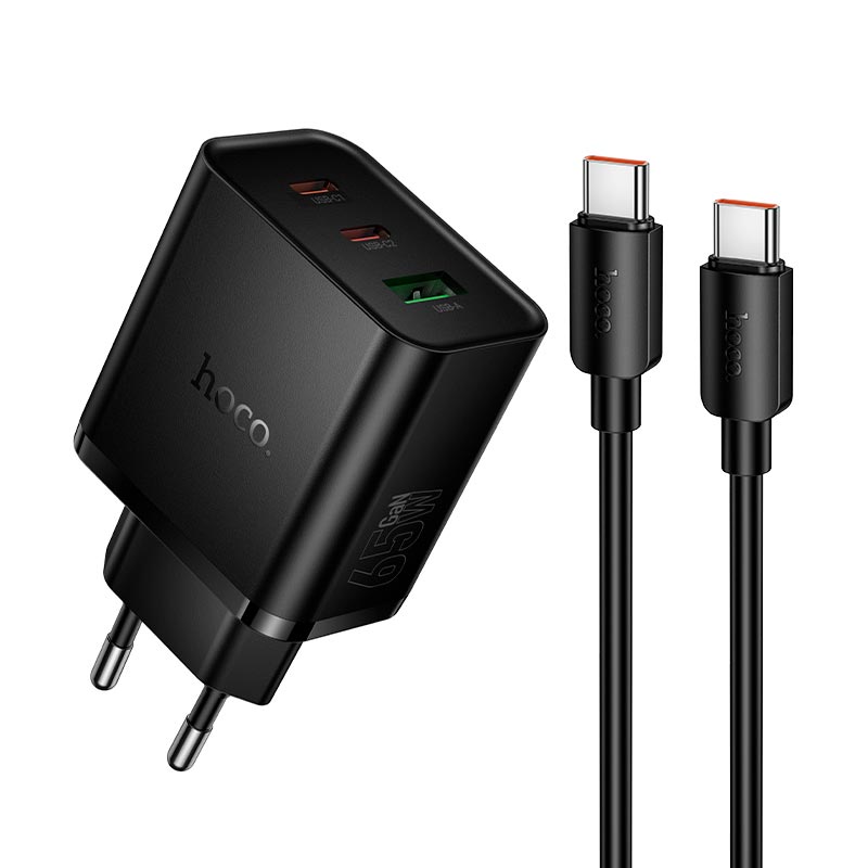 Адаптер сетевой HOCO Grande charger C to C cable set N75 |2C/1A, 65W/3A, PD/QC| black (6942007667791) Черный на картинке №2