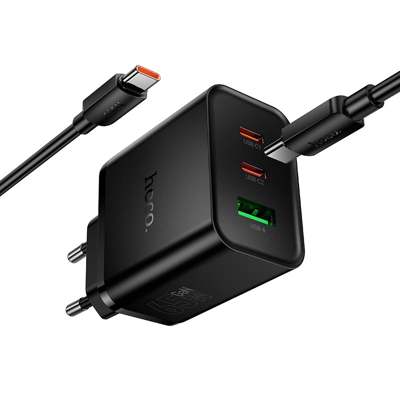 Адаптер сетевой HOCO Grande charger C to C cable set N75 |2C/1A, 65W/3A, PD/QC| black (6942007667791) Черный на картинке №6