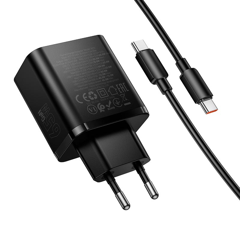 Адаптер сетевой HOCO Grande charger C to C cable set N75 |2C/1A, 65W/3A, PD/QC| black (6942007667791) Черный на картинке №7