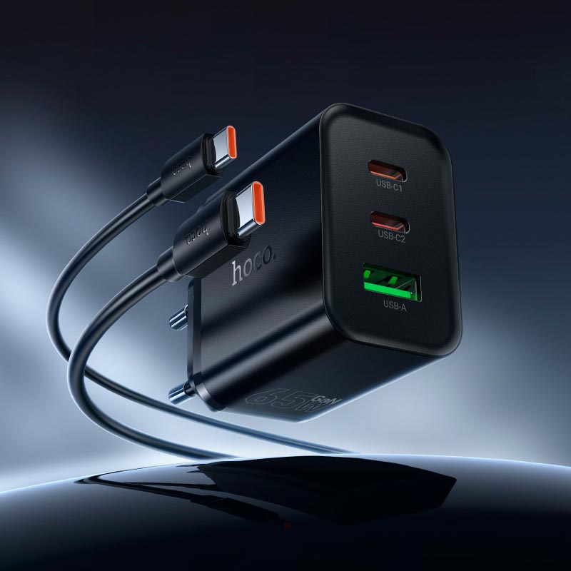 Адаптер сетевой HOCO Grande charger C to C cable set N75 |2C/1A, 65W/3A, PD/QC| black (6942007667791) Черный на картинке №8