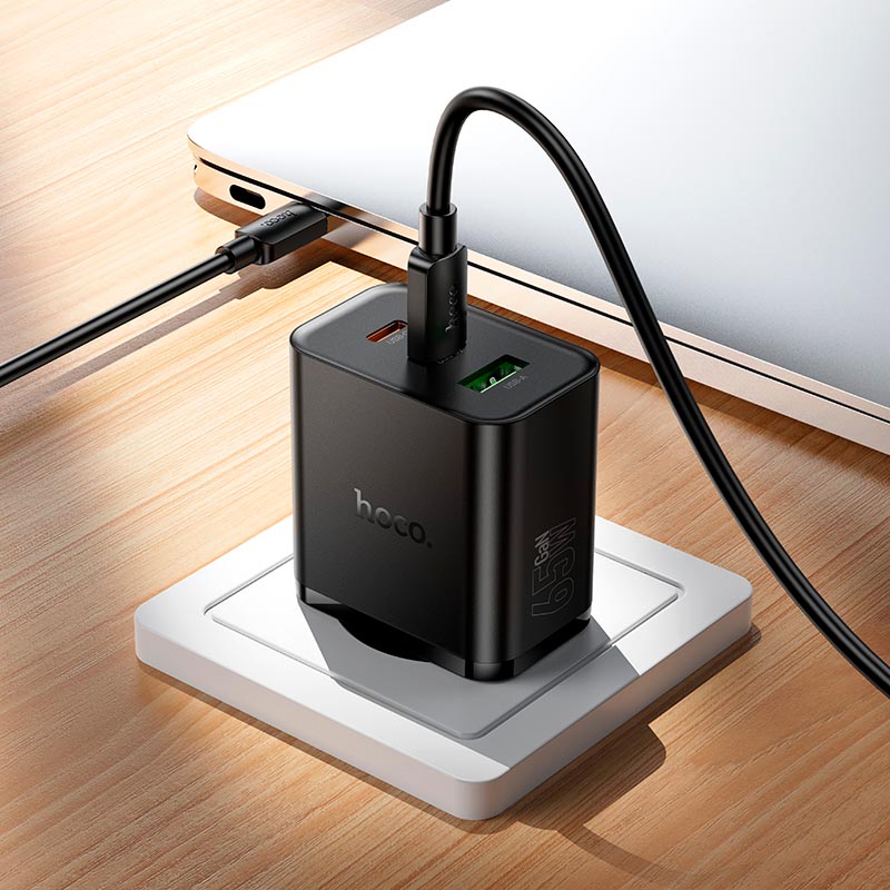 Адаптер сетевой HOCO Grande charger C to C cable set N75 |2C/1A, 65W/3A, PD/QC| black (6942007667791) Черный на картинке №9