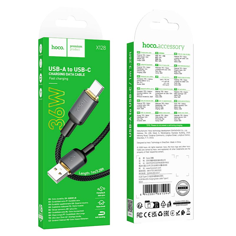 Кабель HOCO Type-C Benefit charging data cable X128 |1m, 36W| black (6942007681094) Черный на картинке №3