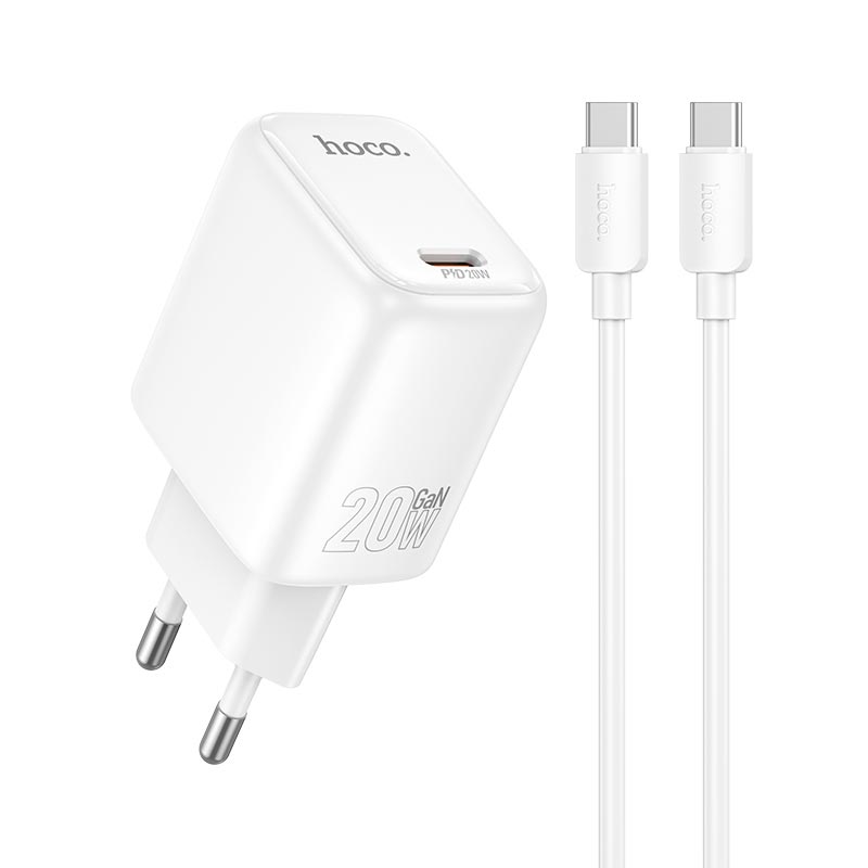 Адаптер мережевий HOCO Seguro single port charger set with cable N86 |1Type-C, PD20W/QC, 3A, C to C 1m| white (6942007687294) Білий на малюнкі №1