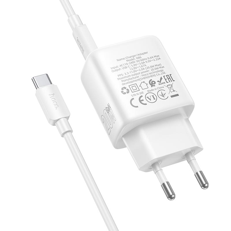Адаптер мережевий HOCO Seguro single port charger set with cable N86 |1Type-C, PD20W/QC, 3A, C to C 1m| white (6942007687294) Білий на малюнкі №7
