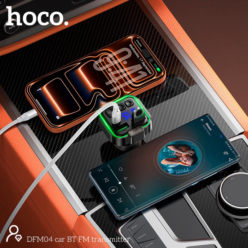 Адаптер автомобільний HOCO car BT FM transmitter DFM04 |BT5.3, USB, 1Type-C/1USB, 38W/3A, multicolor light| black (90195) Чорний на малюнкі №5
