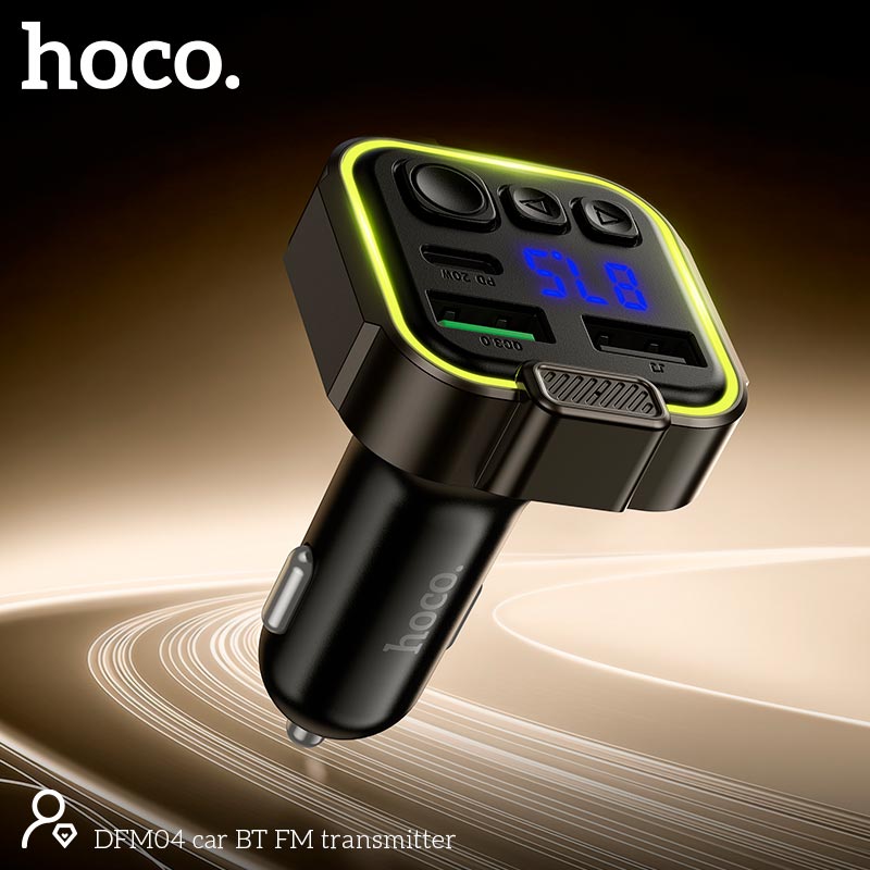 Адаптер автомобільний HOCO car BT FM transmitter DFM04 |BT5.3, USB, 1Type-C/1USB, 38W/3A, multicolor light| black (90195) Чорний на малюнкі №6