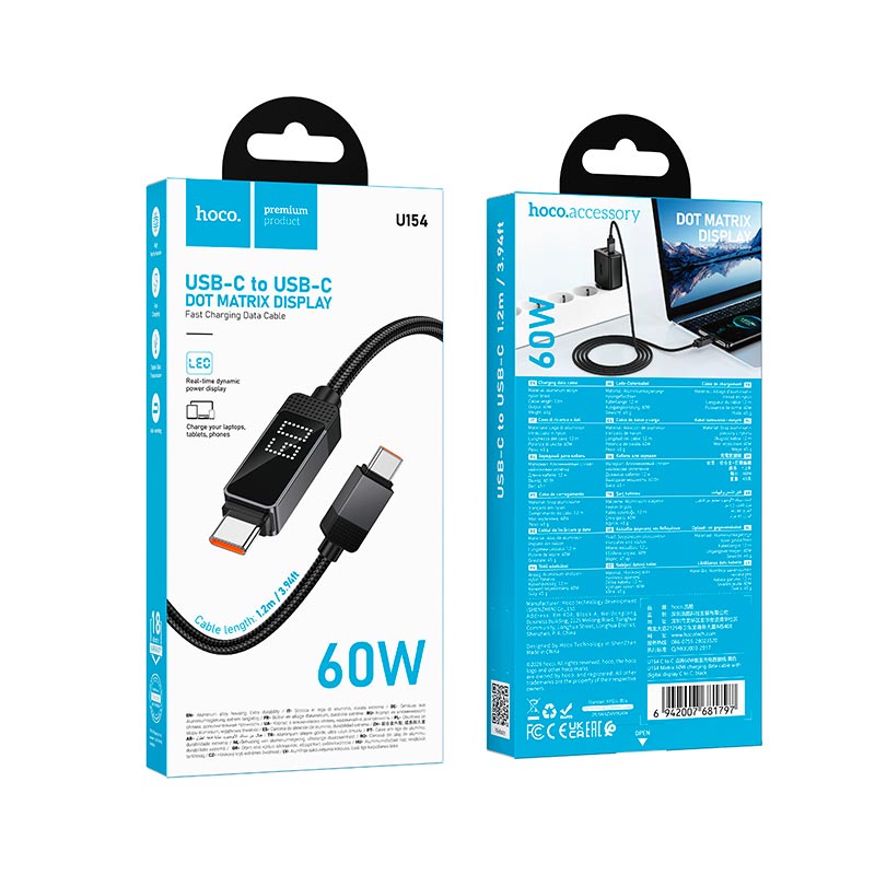 Кабель HOCO USB-C to USB-C Matrix charging data cable with digital display U154 |1.2m, 60W/3A| black (6942007681797) Черный на картинке №3