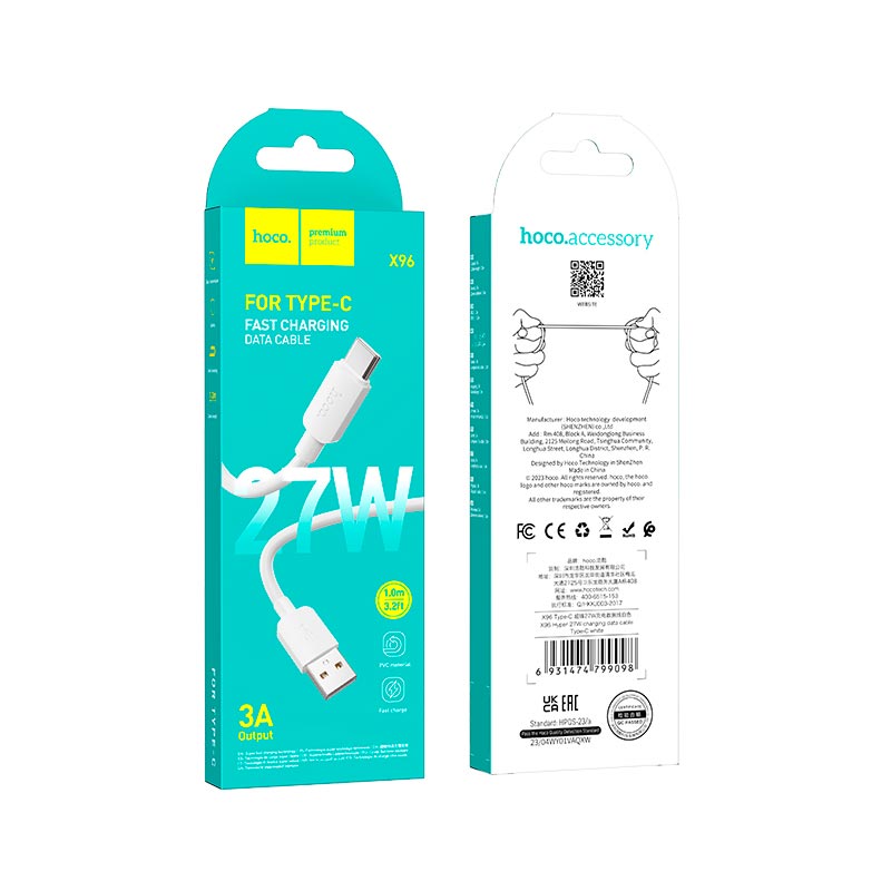 Кабель HOCO Type-C Hyper charging data cable X96 |1m, 27W/3A| white (6931474799098) Белый на картинке №8