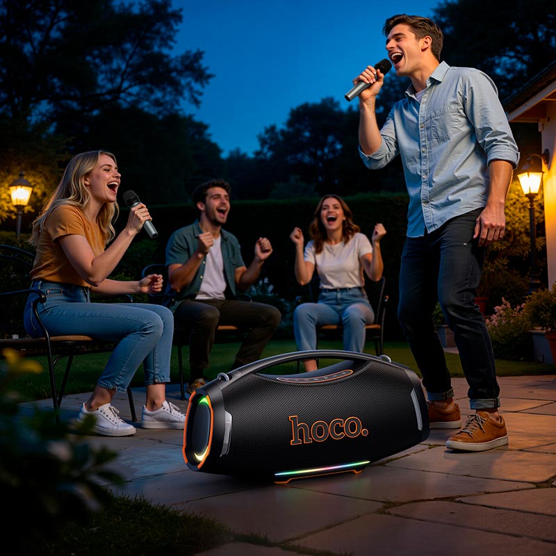 Акустика-караоке HOCO Wave BT speaker HT4 Max IPX4 |BT5.3, USB/TF/FM/UAX, TWS, 550W, 10h| black (6942007680998) Чорний на малюнкі №6