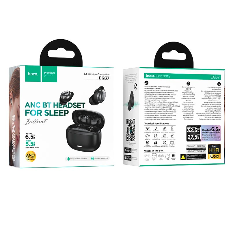 Навушники HOCO Brilliant true wireless ANC BT headset for sleep EQ37 |BT6.0, 6.5h/ANC 5.5h, 37/400mAh, App| black (6942007680899) Чорний на малюнкі №3