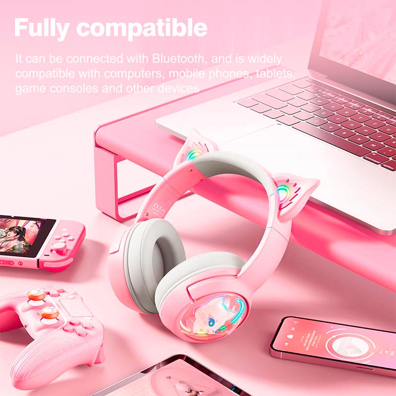 Навушники Onikuma Cat Ear Bluetooth Wireless Gaming Headset B5 |BT/AUX, Type-C, 55H, RGB| beige (B5_beige) Бежевий на малюнкі №4