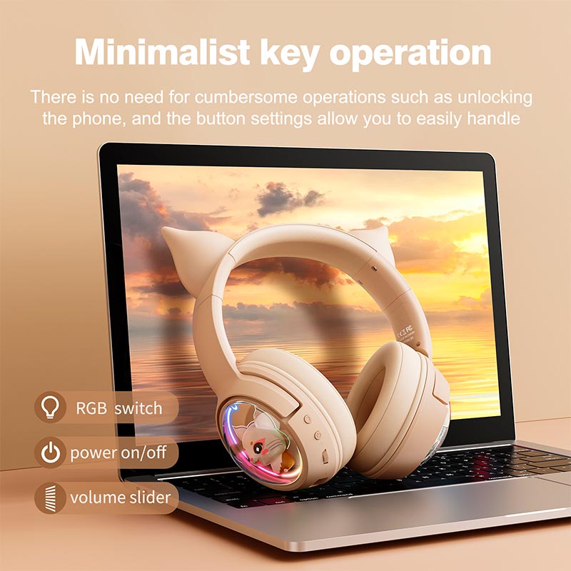 Навушники Onikuma Cat Ear Bluetooth Wireless Gaming Headset B5 |BT/AUX, Type-C, 55H, RGB| beige (B5_beige) Бежевий на малюнкі №6