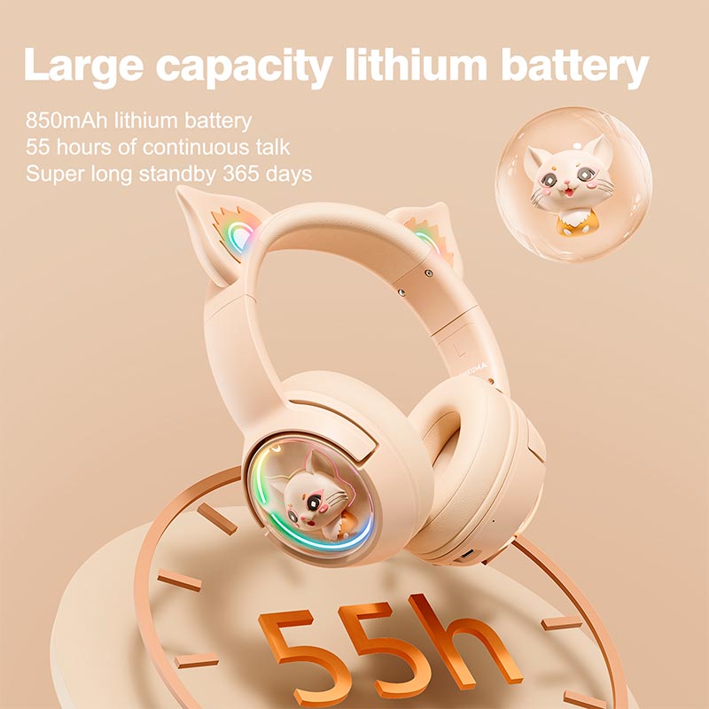 Навушники Onikuma Cat Ear Bluetooth Wireless Gaming Headset B5 |BT/AUX, Type-C, 55H, RGB| beige (B5_beige) Бежевий на малюнкі №7
