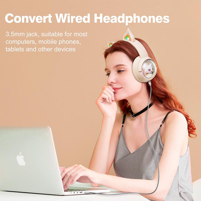 Навушники Onikuma Cat Ear Bluetooth Wireless Gaming Headset B5 |BT/AUX, Type-C, 55H, RGB| beige (B5_beige) Бежевий на малюнкі №8