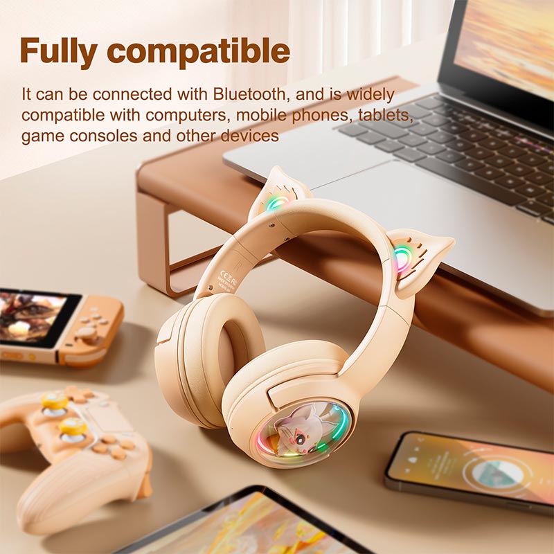 Навушники Onikuma Cat Ear Bluetooth Wireless Gaming Headset B5 |BT/AUX, Type-C, 55H, RGB| beige (B5_beige) Бежевий на малюнкі №9