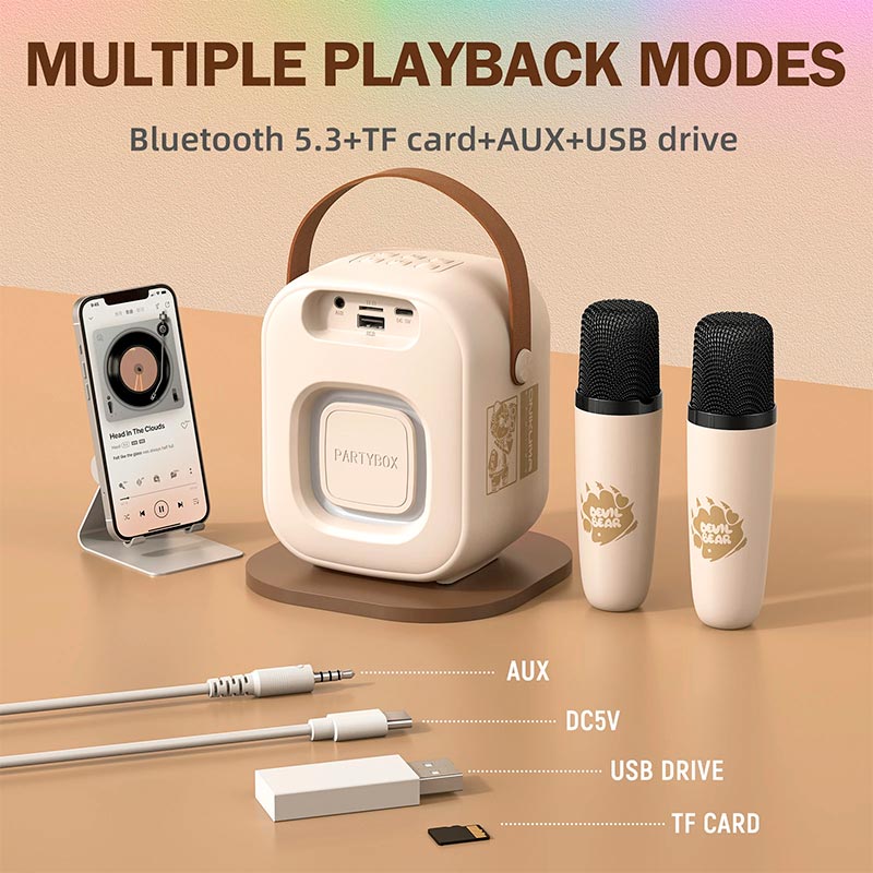 Акустика-караоке Onikuma L7 with 2 mic RGB IPX4 |BT5.3, USB/TF/AUX, 5W, 5h| beige (L7_Beige) Бежевий на малюнкі №17