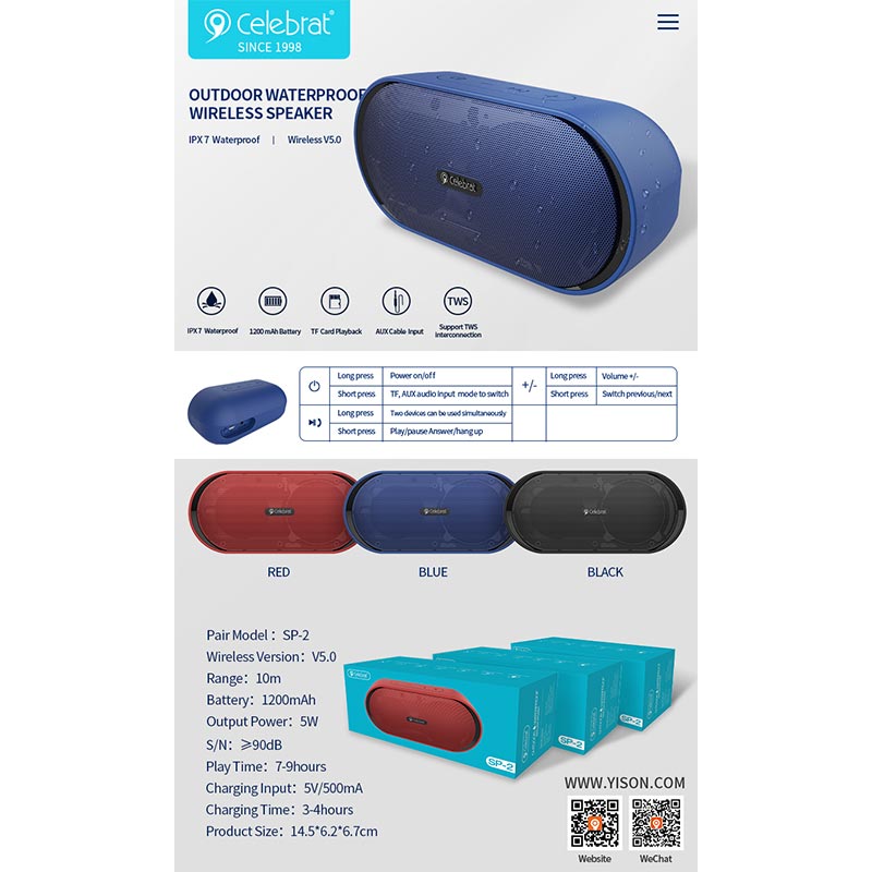 Акустика CELEBRAT TWS SP-2 |IPX7, AUX/TF/BT5.0, 5W| blue Синий на картинке №6