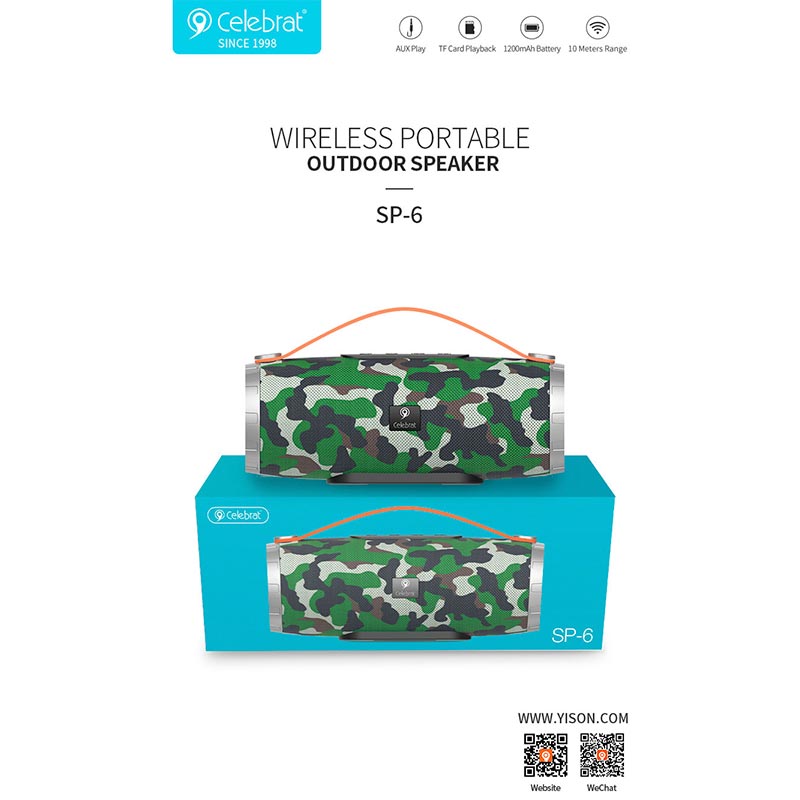 Акустика CELEBRAT TWS SP-6 |AUX/USB/TF/FM/BT5.0, 5W*2| Camouflage-Green Зелёный на картинке №3