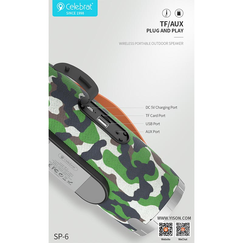 Акустика CELEBRAT TWS SP-6 |AUX/USB/TF/FM/BT5.0, 5W*2| Camouflage-Green Зелёный на картинке №4