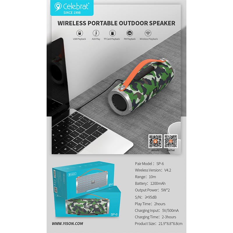 Акустика CELEBRAT TWS SP-6 |AUX/USB/TF/FM/BT5.0, 5W*2| Camouflage-Green Зелёный на картинке №6
