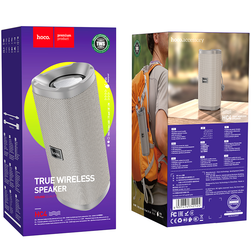 Акустика HOCO Bella sports True Wireless speaker IPX5 HC4 |BT, TWS, AUX, FM, TF, USB| grey Сірий на малюнкі №16
