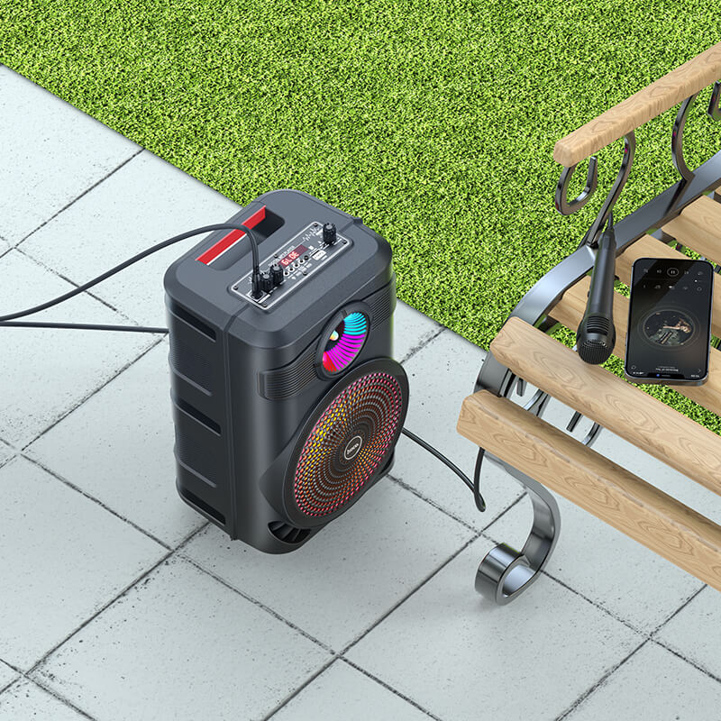 Акустика-караоке HOCO Mature outdoor BT speaker BS46 |10W, BT5.0, TWS, AUX, TF, USB, FM, 3Hours| black (6931474754080) Черный на картинке №9