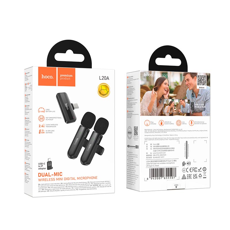 Микрофон HOCO Type-C/Lightning Fair wireless microphone L20A |2.4G, 5-15m, 3-4h| black (6942007655507) Черный на картинке №3