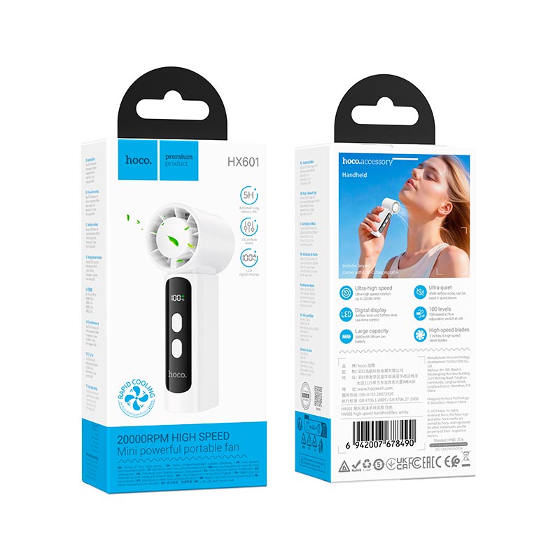 Вентилятор Hoco high speed handheld fan HX601 |100 Levels, 5h| white (6942007678490) Белый на картинке №3