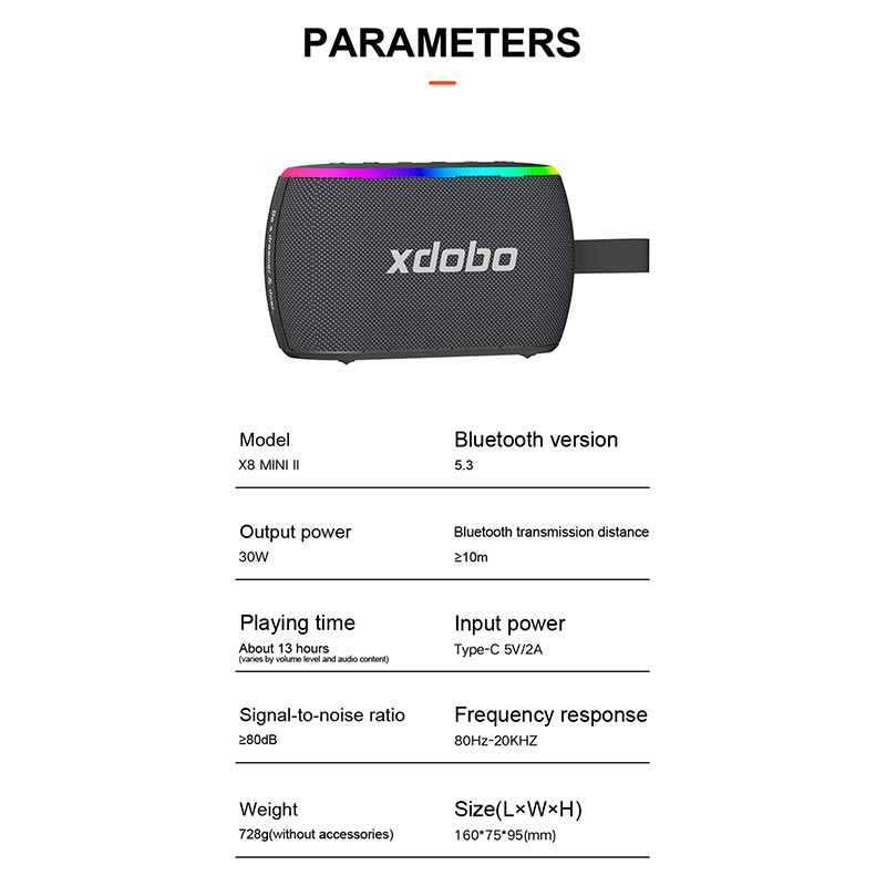 Акустика Xdobo IPX6 |BT5.3, 30W, USB/AUX/TF, 13h| black (X8 Mini II) Черный на картинке №8