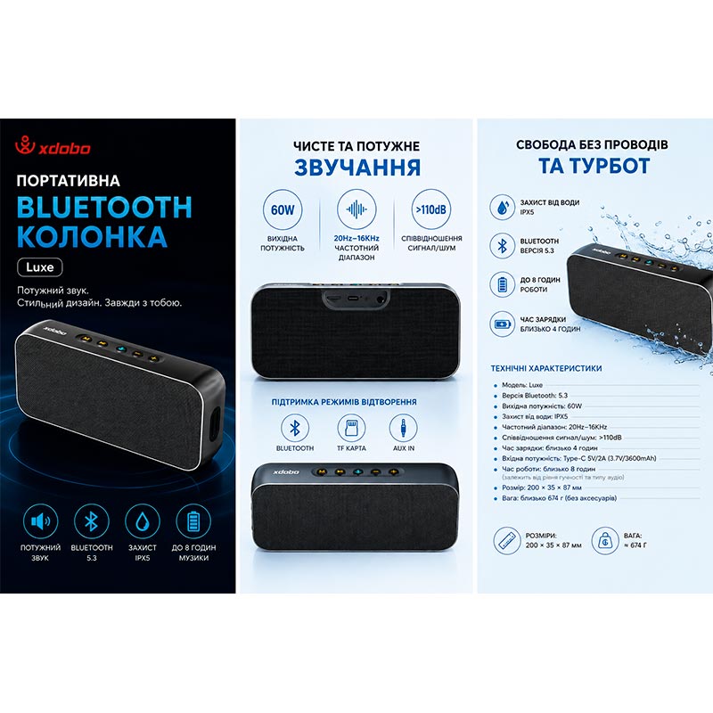 Акустика Xdobo IPX5 |BT5.3, 60W, AUX/TF, 8h| black (Luxe) Черный на картинке №4