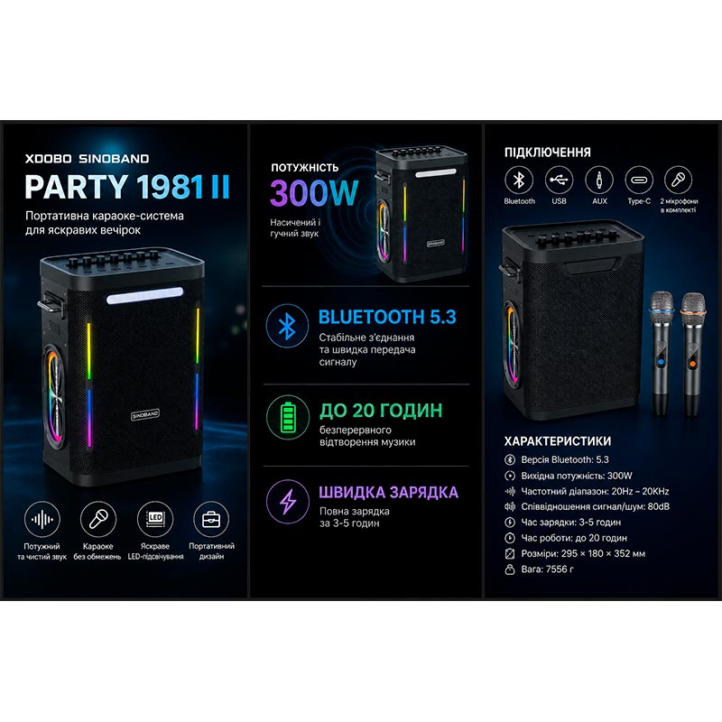 Акустика-караоке Xdobo Party 1981 II (with 2 MIC) |BT5.3, 300W, AUX/TF/USB, 65W/5A input power, 20h| black (Party 1981 II(with 2 MIC)) Черный на картинке №6