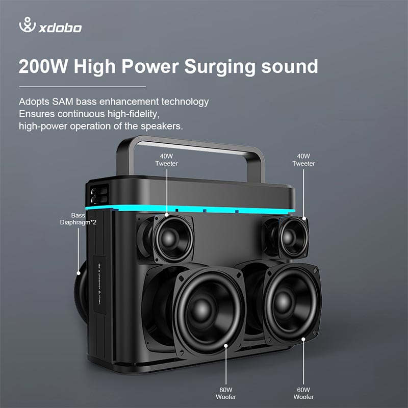 Акустика-караоке Xdobo Truth (with 2 MIC) IPX6 |BT5.3, 200W, AUX/USB/TF, 12h| black (Truth(with 2 MIC)) Черный на картинке №11