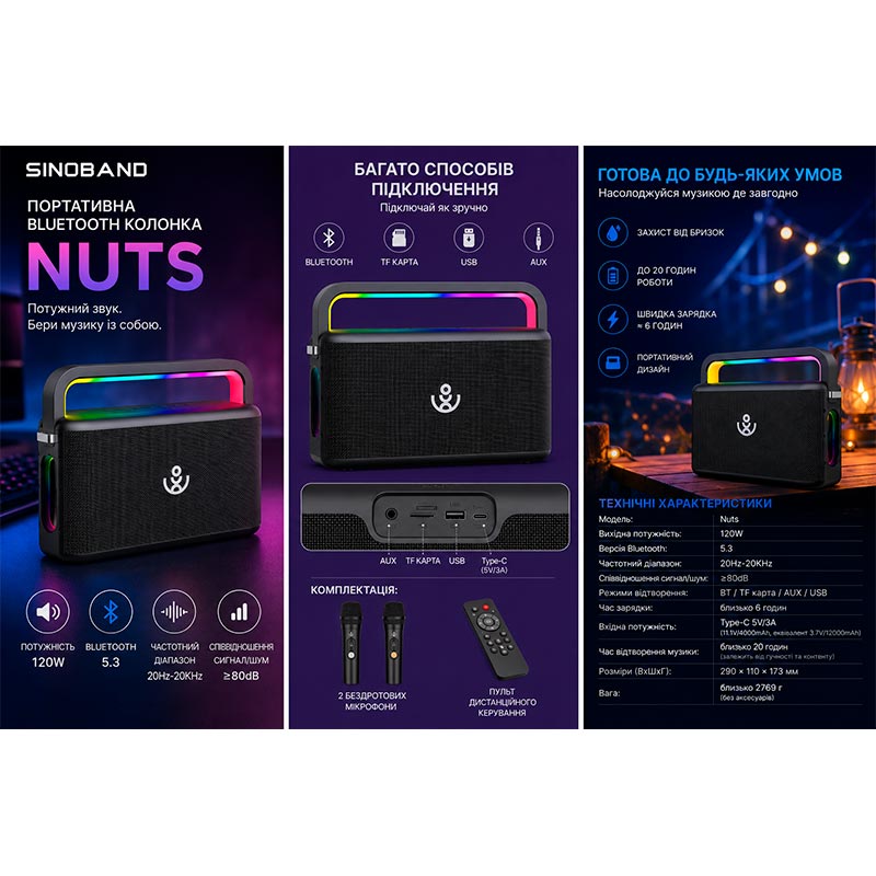 Акустика-караоке Xdobo Nuts (with 2 MIC) |BT5.3, 120W, USB/AUX/TF, 20h| black (Nuts(with 2 MIC)) Черный на картинке №18
