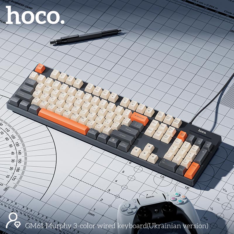 Клавиатура HOCO Murphy 3-color wired keyboard GM61 (Ukrainian version) |104 keys| grey (6942007678940) Серый на картинке №8