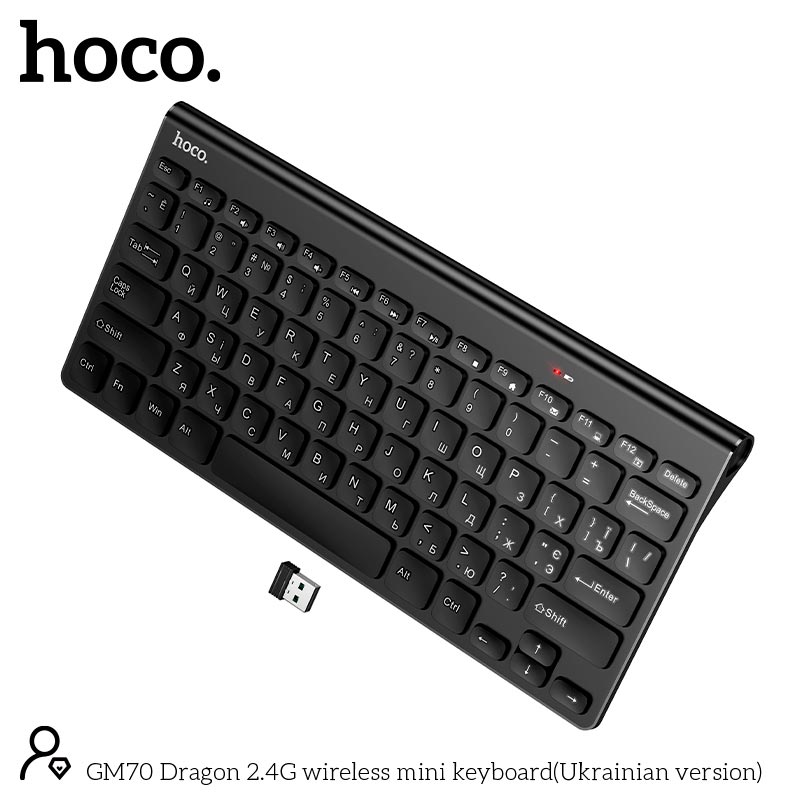 Клавиатура HOCO Dragon 2.4G wireless mini keyboard GM70 (Ukrainian version) |78 Keys| black (6942007678957) Черный на картинке №9