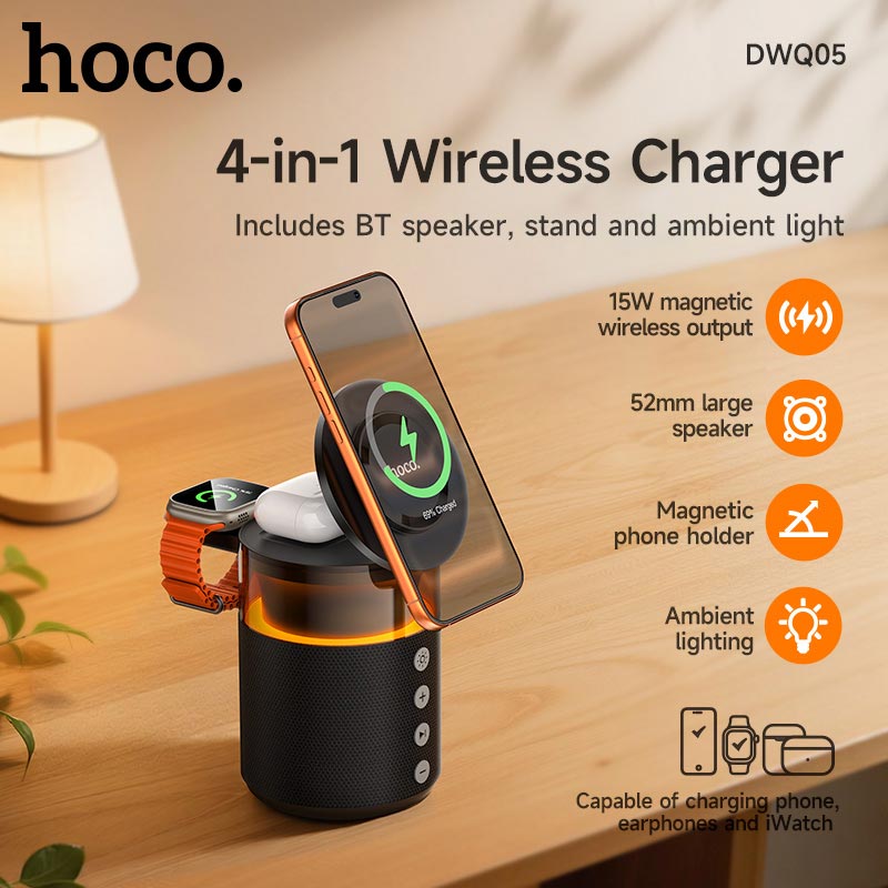 Зарядка Qi HOCO Sunset BT Speaker with 3 in 1 wireless charger DWQ05 |BT5.4, TWS, 15 W Max| black (6942007678001) Черный на картинке №10