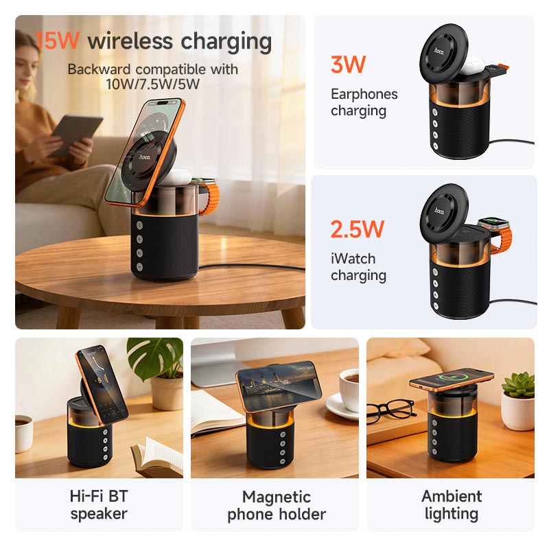 Зарядка Qi HOCO Sunset BT Speaker with 3 in 1 wireless charger DWQ05 |BT5.4, TWS, 15 W Max| black (6942007678001) Черный на картинке №11