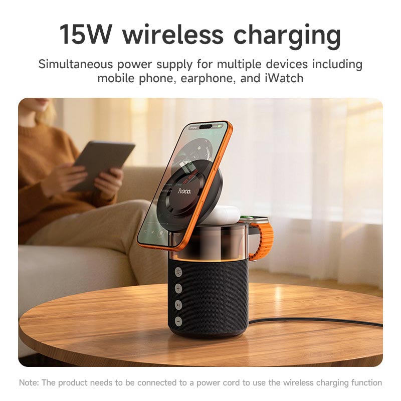 Зарядка Qi HOCO Sunset BT Speaker with 3 in 1 wireless charger DWQ05 |BT5.4, TWS, 15 W Max| black (6942007678001) Черный на картинке №13