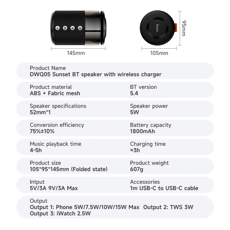 Зарядка Qi HOCO Sunset BT Speaker with 3 in 1 wireless charger DWQ05 |BT5.4, TWS, 15 W Max| black (6942007678001) Черный на картинке №18