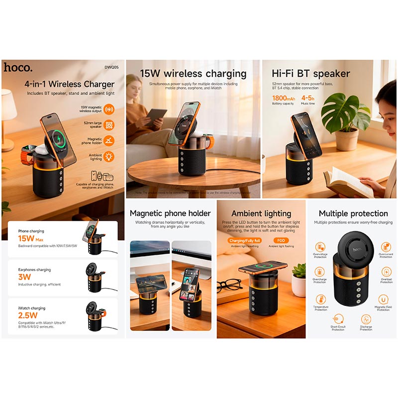 Зарядка Qi HOCO Sunset BT Speaker with 3 in 1 wireless charger DWQ05 |BT5.4, TWS, 15 W Max| black (6942007678001) Черный на картинке №19