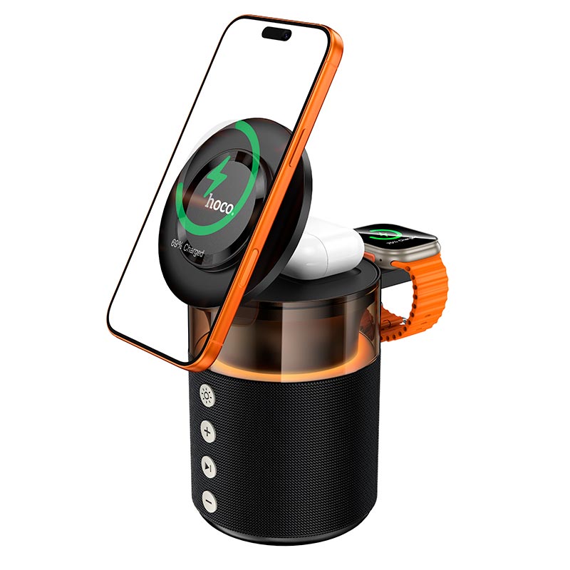 Зарядка Qi HOCO Sunset BT Speaker with 3 in 1 wireless charger DWQ05 |BT5.4, TWS, 15 W Max| black (6942007678001) Черный на картинке №2